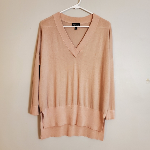 Topshop womens sweater 2 pink knit oversize light weight vneck high low - Picture 1 of 6
